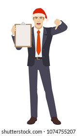 Businessman in Santa hat holding the clipboard showing thumb down gesture as rejection symbol. Full length portrait of businessman in a flat style. Vector illustration.