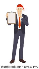 Businessman in Santa hat holding the clipboard and making hush sign. Full length portrait of businessman in a flat style. Vector illustration.