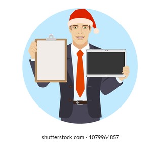 Businessman in Santa hat  holding the clipboard and digital tablet PC. Portrait of businessman in a flat style. Vector illustration.
