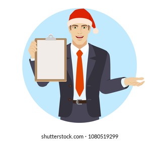 Businessman in Santa hat holding the clipboard and gesturing. Portrait of businessman in a flat style. Vector illustration.
