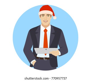 Businessman in Santa hat holding digital tablet PC. Portrait of businessman in a flat style. Vector illustration.