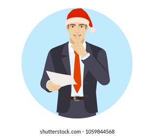 Businessman in Santa hat holding a paper and making hush sign. Portrait of businessman in a flat style. Vector illustration.