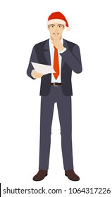 Businessman in Santa hat holding a paper and making hush sign. Full length portrait of businessman in a flat style. Vector illustration.