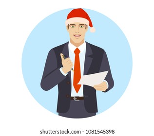 Businessman in Santa hat  holding a pen and paper. Portrait of businessman in a flat style. Vector illustration.