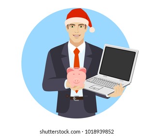 Businessman in Santa hat holding a piggy bank and laptop notebook. Portrait of businessman in a flat style. Vector illustration.