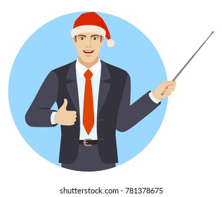 Businessman in Santa hat holding a pointer and showing thumb up. Portrait of businessman in a flat style. Vector illustration.