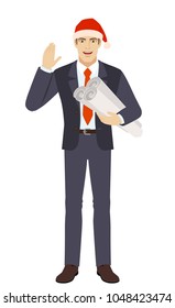 Businessman in Santa hat holding the project plans and greeting someone with his hand raised up. Full length portrait of businessman in a flat style. Vector illustration.