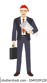 Businessman in Santa hat holding the project plans and briefcase. Full length portrait of businessman in a flat style. Vector illustration.