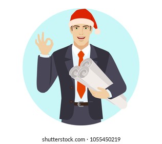 Businessman in Santa hat holding the project plans and showing a okay hand sign. Portrait of businessman in a flat style. Vector illustration.