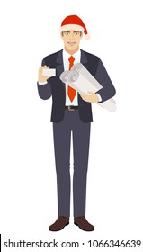 Businessman in Santa hat holding the project plans and showing business card. Full length portrait of businessman in a flat style. Vector illustration.