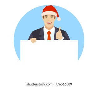 Businessman in Santa hat holding white blank poster and showing thumb up. Portrait of businessman in a flat style. Vector illustration.