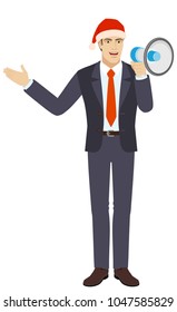 Businessman in Santa hat with loudspeaker showing something beside of him. Full length portrait of businessman in a flat style. Vector illustration.