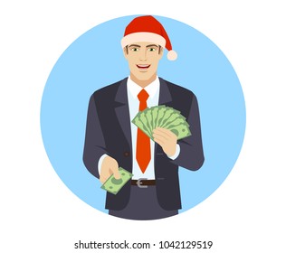 Businessman in Santa hat with money. Portrait of businessman in a flat style. Vector illustration.