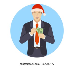 Businessman in Santa hat  with money. Portrait of businessman character in a flat style. Vector illustration.