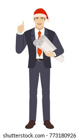 Businessman in Santa hat pointing up and holding the project plans. Full length portrait of businessman in a flat style. Vector illustration.