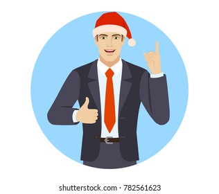 Businessman in Santa hat pointing up and showing thumb up. Portrait of businessman in a flat style. Vector illustration.