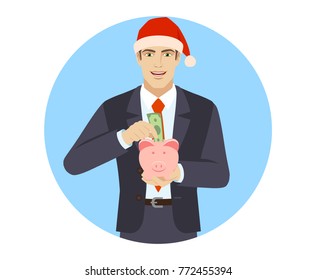 Businessman in Santa hat puts banknote in a piggy bank. Portrait of businessman in a flat style. Vector illustration.