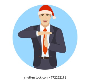 Businessman in Santa hat showing time-out sign with hands. Body language. Portrait of businessman in a flat style. Vector illustratio