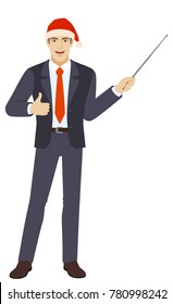 Businessman in Santa holding a pointer and showing thumb up. Full length portrait of businessman in a flat style. Vector illustration.