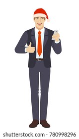 Businessman in Santa with mobile phone showing thumb up. Full length portrait of businessman in a flat style. Vector illustration.