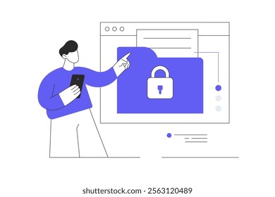 Businessman save documents in folders. Business data security. Protect online files. Technology data storage server concept. Flat Cartoon Vector Illustration, icon. Stylish abstract Blue