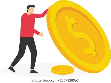 Businessman saves a small amount under a large sum of money, bad business impact, economic support, financial problems, Vector illustration design concept in flat style

