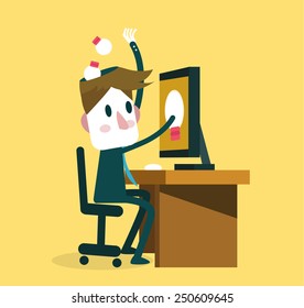Businessman Saving ideas from internet to his head. Knowledge, education and research concept. vector illustration