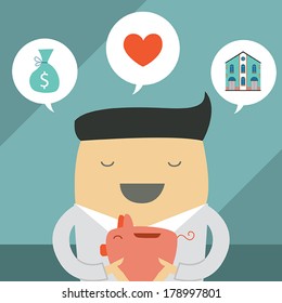 Businessman saving money in a piggy bank and thinks about the bright future. Vector illustration