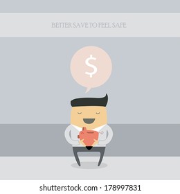 Businessman saving money in a piggy bank and thinks about the bright future. Vector illustration