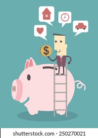 Businessman saving money in a piggy bank on blue background illustration vector file eps 10