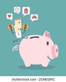 Businessman saving money in a piggy bank on blue background illustration vector file eps 10