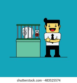 Businessman with saving pig in the cage.