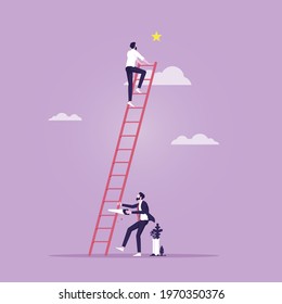 Businessman sawing a ladder under a successful co-worker, Business career competition concept