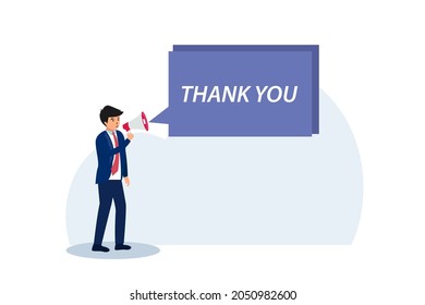 Businessman saying thank you with a megaphone, isolated on white background