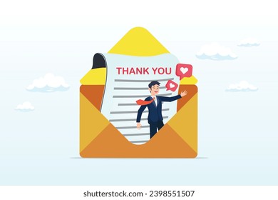 Businessman saying thank you on thanks message envelope, thank you message, appreciation or greeting to client, customer or employee communication, gratitude letter email, calligraphy (Vector)