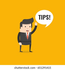 Businessman saying tips. Speech bubble. Flat cartoon style. Vector illustration.