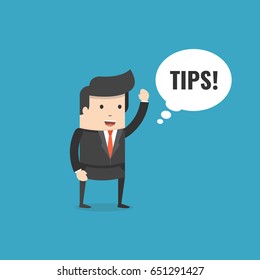 Businessman saying tips. Speech bubble. Flat cartoon style. Vector illustration.