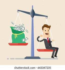 Businessman and scales. Businessman balance work and money on a scales. Man in suit  and bag with money  are on the scales.Man shift the balance on scale.  Vector, illustration, flat
