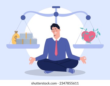 Empresario con el concepto de báscula. Joven en posición de loto cerca de pesos con corazón y dinero. Equilibrio de vida laboral. Salud versus carrera. Tranquilidad interior y equilibrio. Dibujo vectorial plano de dibujos animados