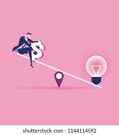 Businessman and scales. Light bulb idea and Businessman with money on balance scales color icon. Vector business concept.