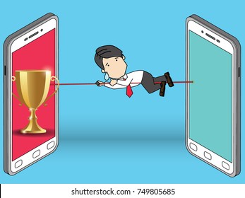 businessman is scaling the bar between smart phones for successful. Vector illustration concept.