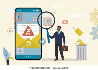Businessman scan email with magnifying glass and throw junk mail into trash bin. Deleting scam mail on mobile phone. Cyber security, data protection, online communication technology, safety. vector