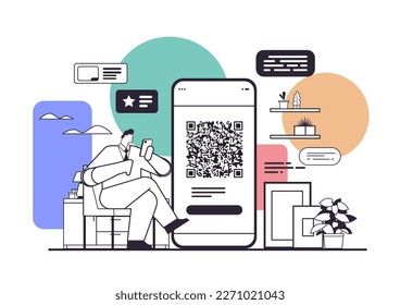businessman scanning QR code on smartphone screen readable barcode verification concept