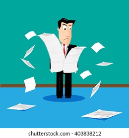 Businessman scared and shocked with pile of paper works