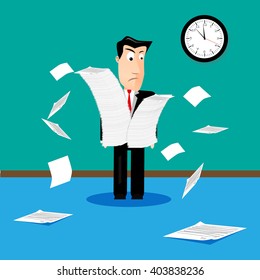 Businessman scared and shocked with pile of paper works
