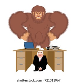 Businessman scared under table of  bigfoot. To hide from to be eaten. frightened business man under work board. yeti. Boss fear office desk. Vector illustration