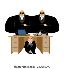 Businessman scared under table of collector. frightened business man under work board. repay debts. Boss fear office desk. To hide from arrears. Vector illustration