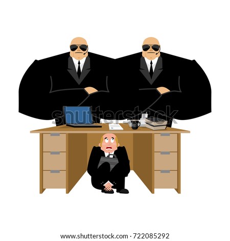 Businessman scared under table of collector. frightened business man under work board. repay debts. Boss fear office desk. To hide from arrears. Vector illustration