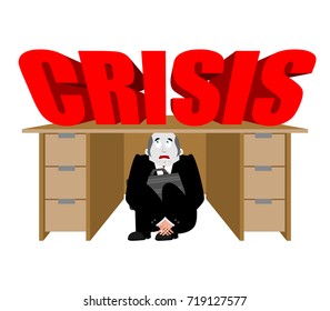 Businessman scared under table from crisis. frightened business man under work board. Vector illustration
