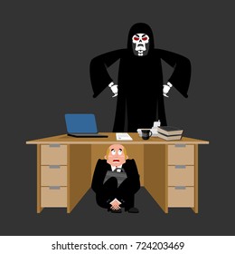 Businessman Scared Under Table Of Grim Reaper. Frightened Business Man Under Work Board. Does Not Want To Die. Boss Fear Office Desk. To Hide From Death. Vector Illustration